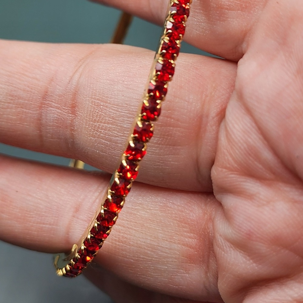 Red Rhinestone Gold Tone Bangle Bracelet Glam Cocktail Stackable Party Jewelry